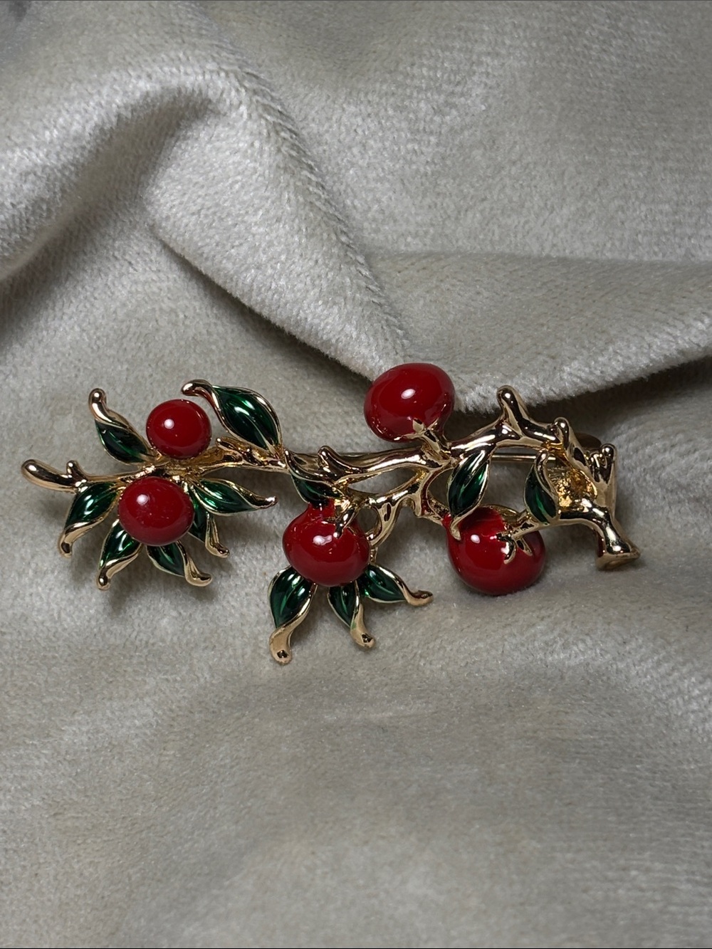 Gold-Tone Cherry Branch Brooch with Red Enamel Berries and Green Leaves
